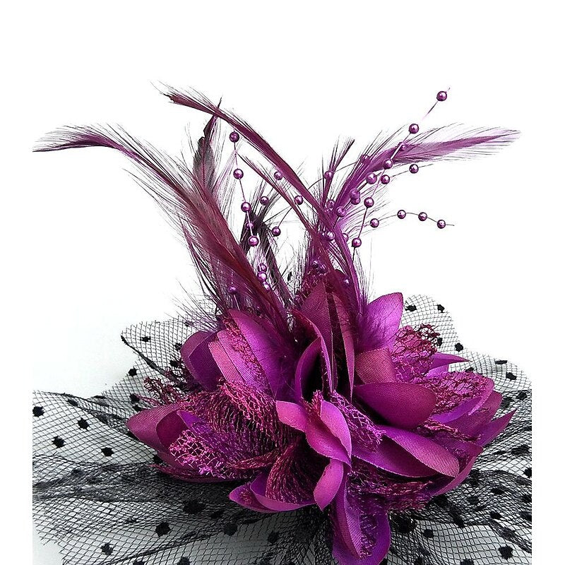 Dark Purple Net Hat Wedding Evening Party Flower Feather Fascinator/Headband - Image 4