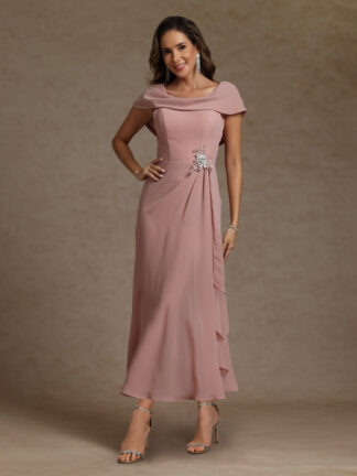 Sheath/Column Crew Nevk Short Sleeves Chiffon Mother of the Bride Dresses with Sash