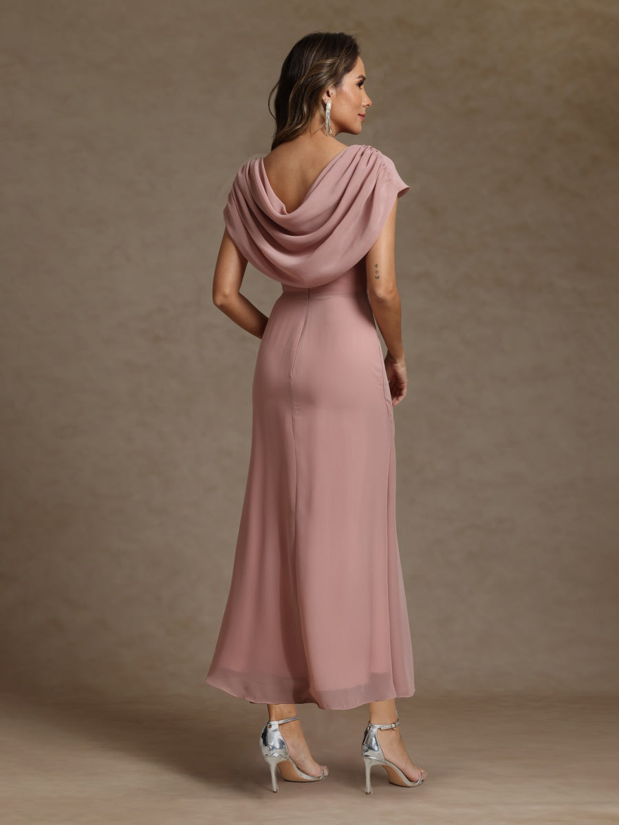 Sheath/Column Crew Nevk Short Sleeves Chiffon Mother of the Bride Dresses with Sash - 画像 (2)