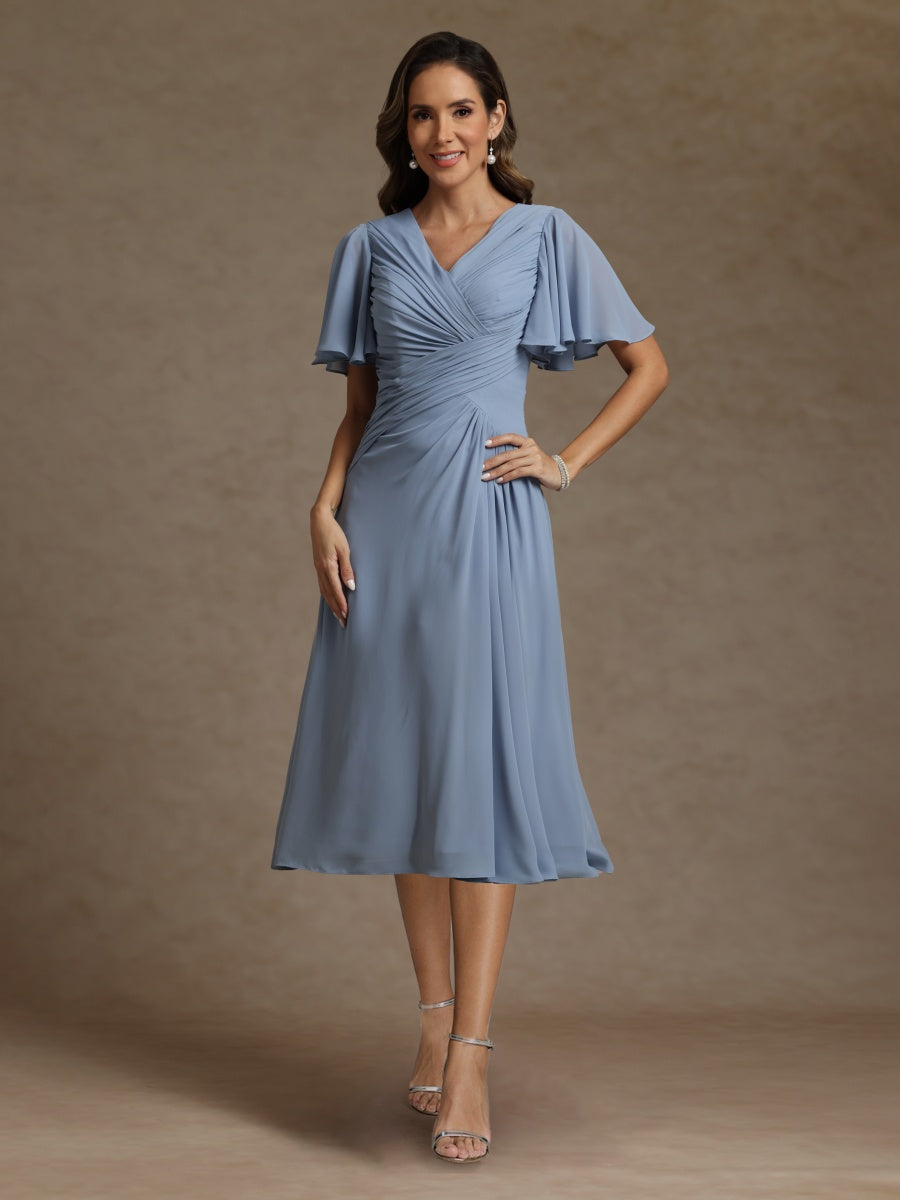 A-Line/Princess V-Neck Short Sleeves Ruched Mother of the Bride Dresses