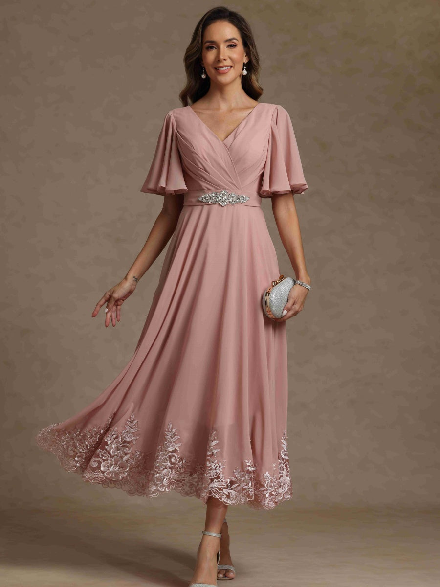A-Line/Princess V Neck Short Sleeves Mother of the Bride Dresses With Beading & Lace - 画像 (3)