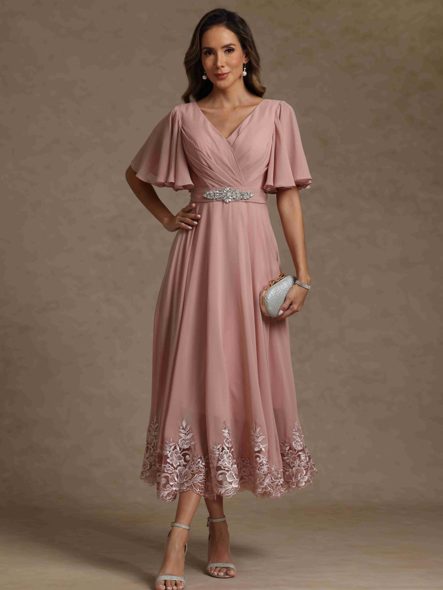 A-Line/Princess V Neck Short Sleeves Mother of the Bride Dresses With Beading & Lace - 画像 (4)