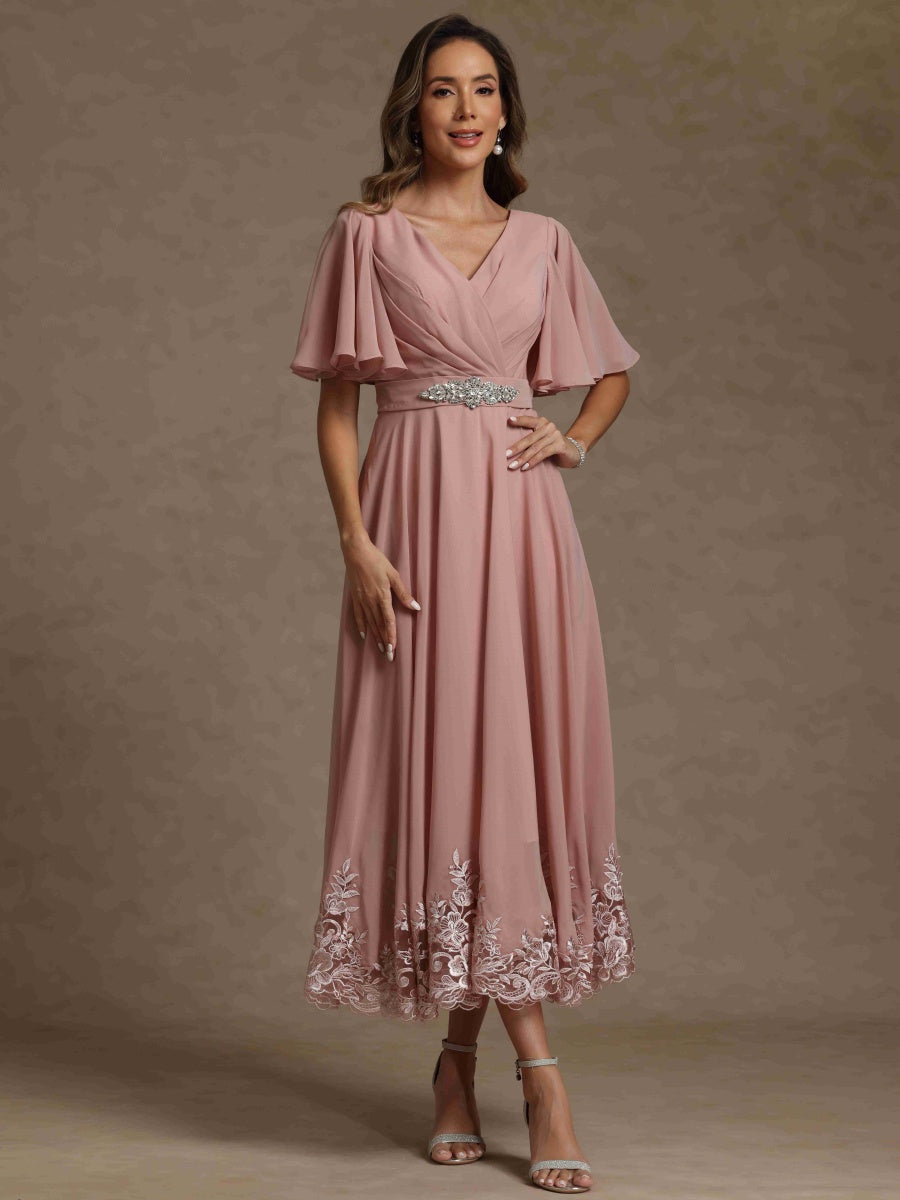 A-Line/Princess V Neck Short Sleeves Mother of the Bride Dresses With Beading & Lace - 画像 (2)