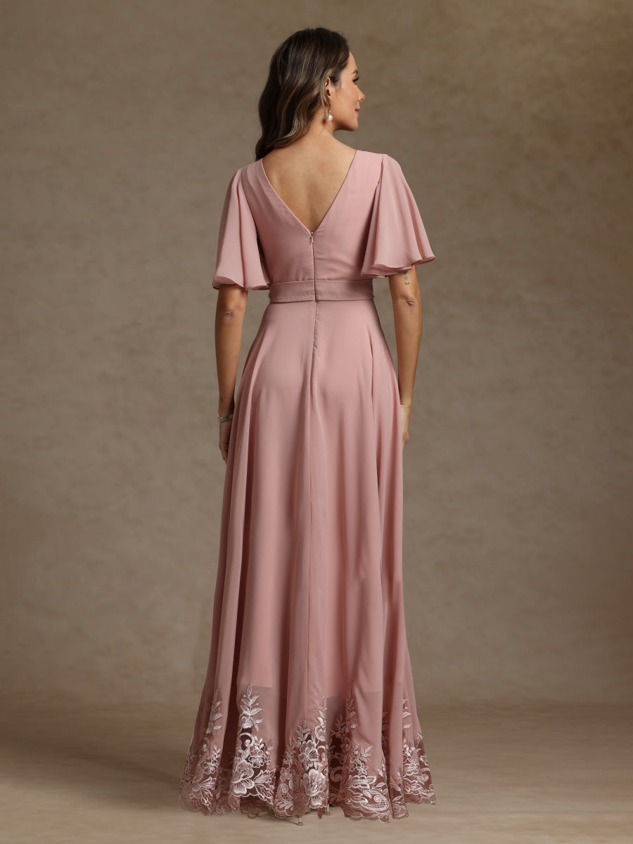 A-Line/Princess V Neck Short Sleeves Mother of the Bride Dresses With Beading & Lace - 画像 (2)