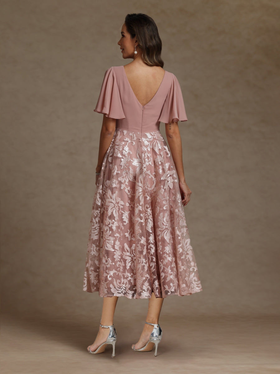 A-Line/Princess V-Neck Short Sleeves Ruched Mother of the Bride Dresses With Sequins - 画像 (2)