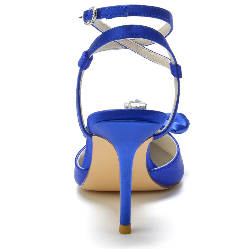 Women's Wedding Shoes Pointed Toe Bow Cross Buckle Bridal Shoes with Rhinestones - 画像 (4)