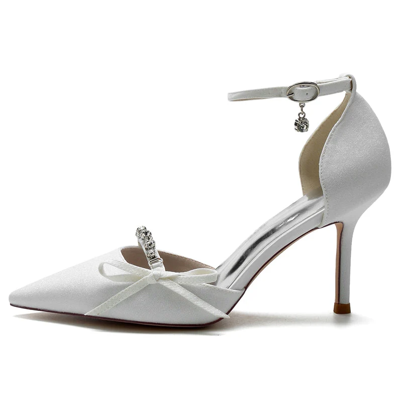 Women's Wedding Shoes Luxurious Pointed Toe Buckle Bridal Shoes with Rhinestone & Bow Knot - 이미지 3