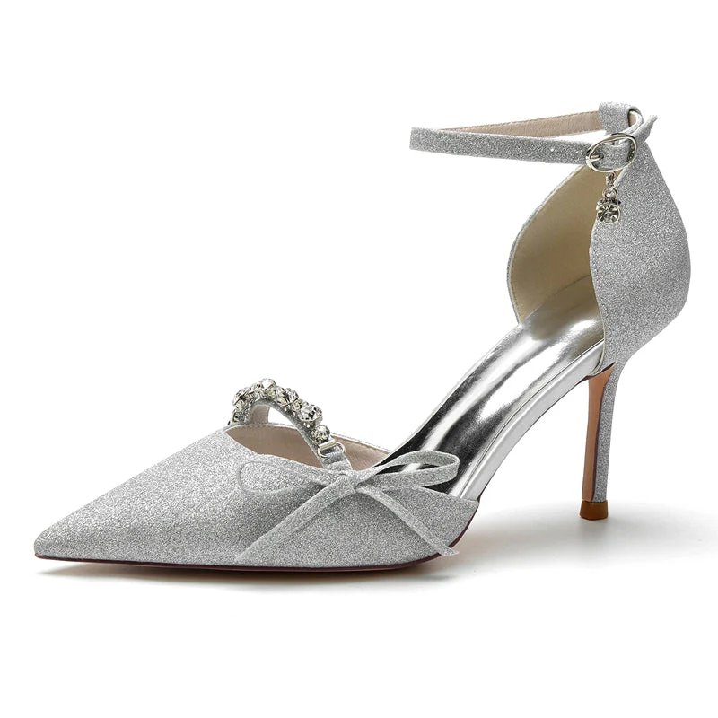 Women's Wedding Shoes Luxurious Pointed Toe Buckle Bridal Shoes with Rhinestone & Bow Knot - 이미지 6