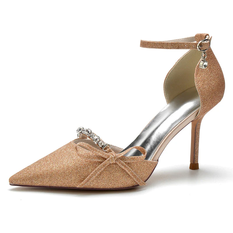 Women's Wedding Shoes Luxurious Pointed Toe Buckle Bridal Shoes with Rhinestone & Bow Knot