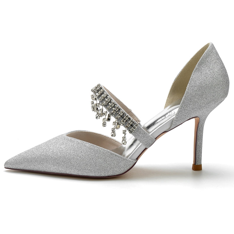 Women's Wedding Shoes Silver High-End Pointed Toe Bridal Shoes with Rhinestone - Image 2