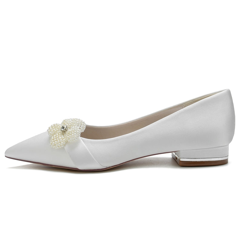 Women's Wedding Shoes Ivory Pointed Toe Flat Heel Bridal Shoes with Pearl - 이미지 3