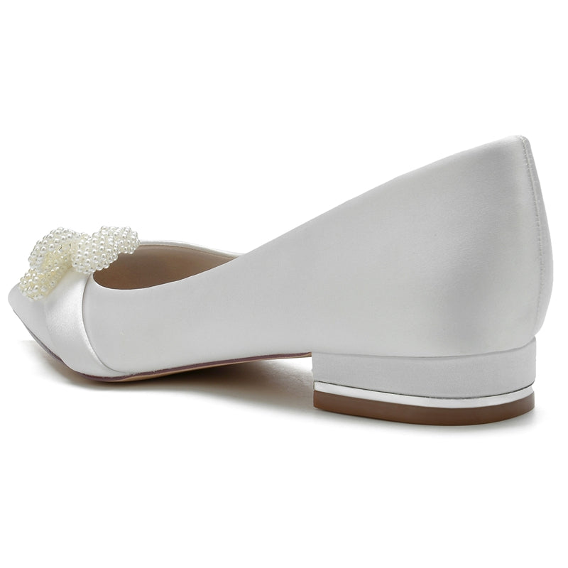 Women's Wedding Shoes Ivory Pointed Toe Flat Heel Bridal Shoes with Pearl - 이미지 5