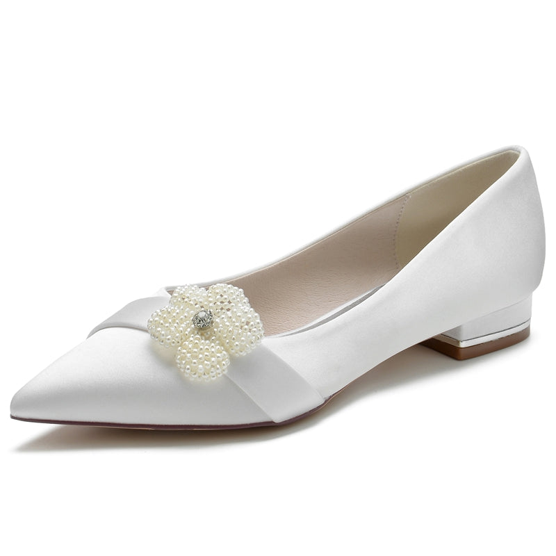 Women's Wedding Shoes Ivory Pointed Toe Flat Heel Bridal Shoes with Pearl - 이미지 2