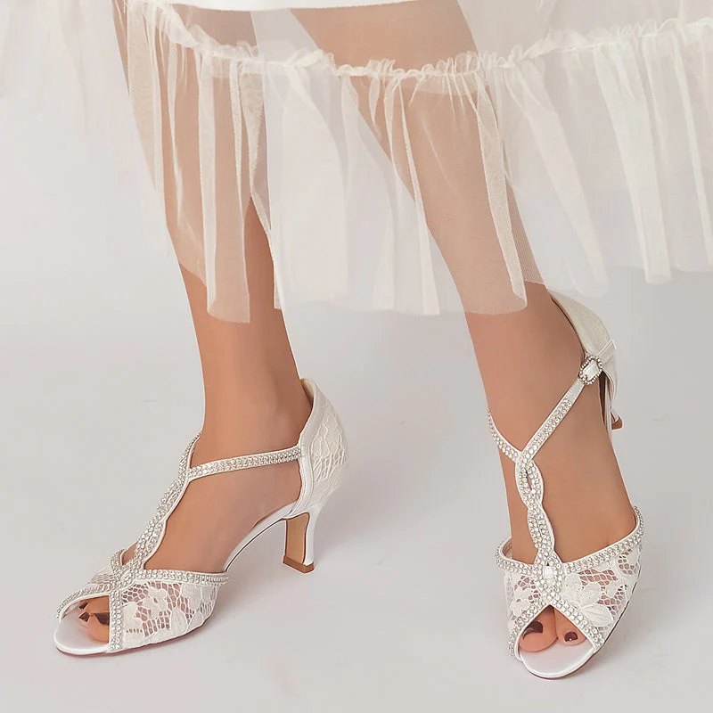 Women's Wedding Shoes Retro High-end Opened Toe Crossed Crystal Buckle Bridal Shoes - 이미지 3