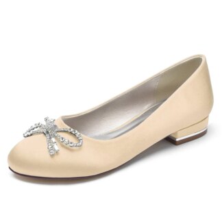 Women's Wedding Shoes Round Toe Flat Heel Elegant Bridal Shoes with Bow & Rhinestone