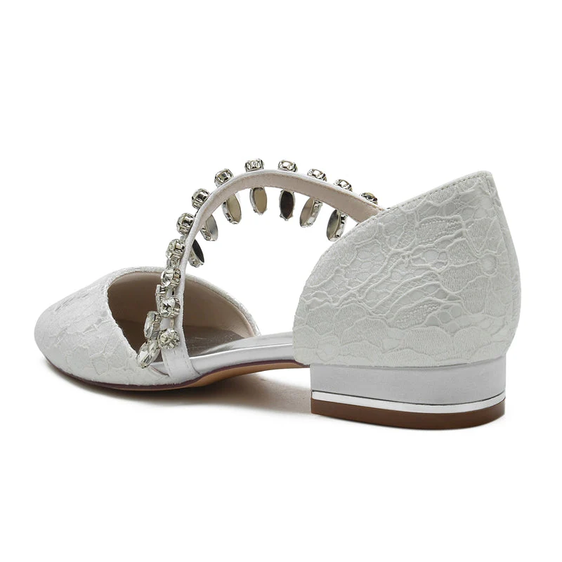 Women's Wedding Shoes Closed Toe Low Heel Lace Rhinestone Strap Bridal Shoes - Image 5