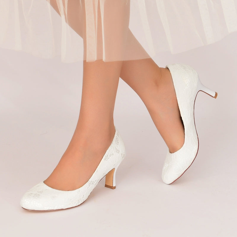 Women's Wedding Shoes Round Toe Mid Heel Lace Minimalism Bridal Shoes - 画像 (9)
