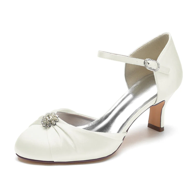 Women's Wedding Shoes Closed Toe Mid Heel Buckle Bridal Shoes with Rhinestone & Ruffles - 이미지 8