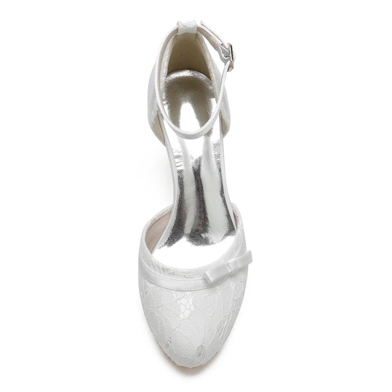 Women's Wedding Shoes Closed Toe Lace Exquisite Buckle Bridal Shoes with Bowknot - Image 5