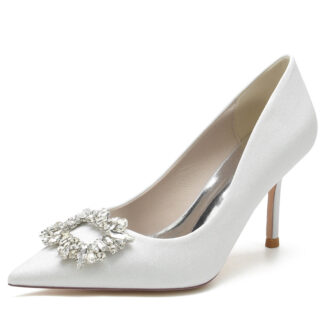 Women's Wedding Shoes Closed Toe Stiletto Heel Chic Bridal Shoes with Square Rhinestone