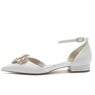 Women's Wedding Shoes Pointed Toe Flat Heel Elegant Buckle Bridal Shoes with Rhinestone