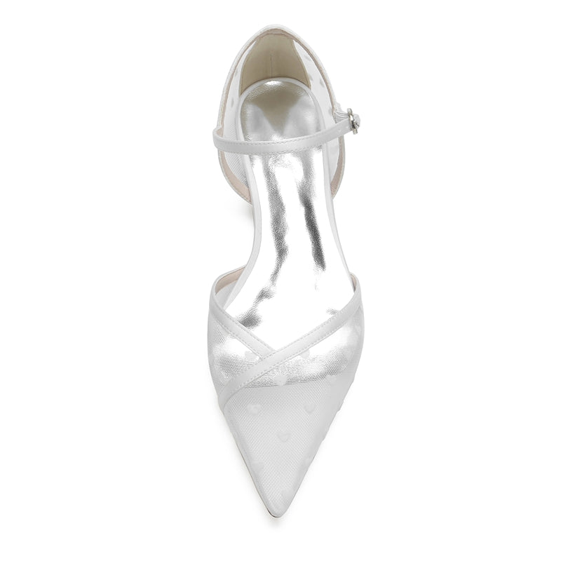 Women's Wedding Shoes Pointed Toe Low Heel Tulle Buckle Bridal Shoes with Printed Heart - Image 4