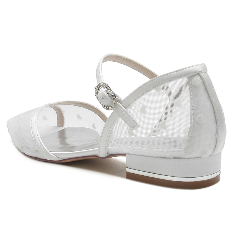 Women's Wedding Shoes Pointed Toe Low Heel Tulle Buckle Bridal Shoes with Printed Heart - Image 5