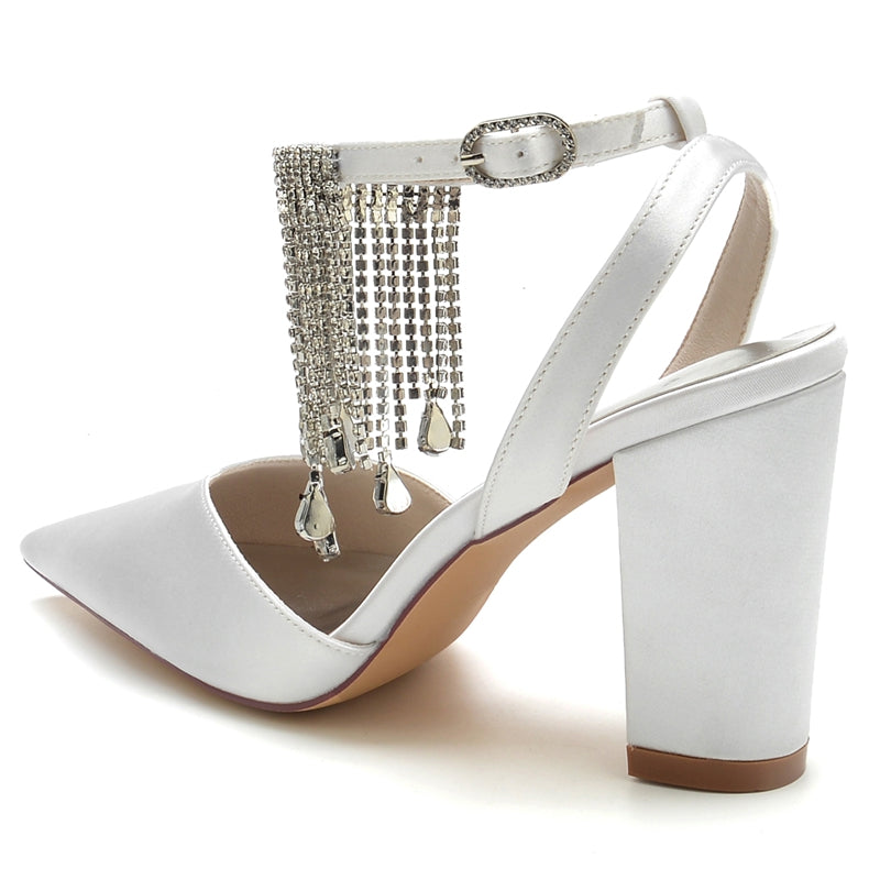 Women's Wedding Shoes Closed Toe Block Heel Buckle Bridal Shoes with Crystal & Tassels - 이미지 5