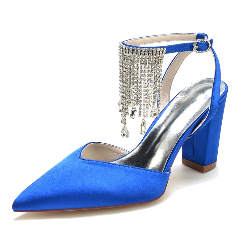Women's Wedding Shoes Closed Toe Block Heel Buckle Bridal Shoes with Crystal & Tassels - 이미지 6