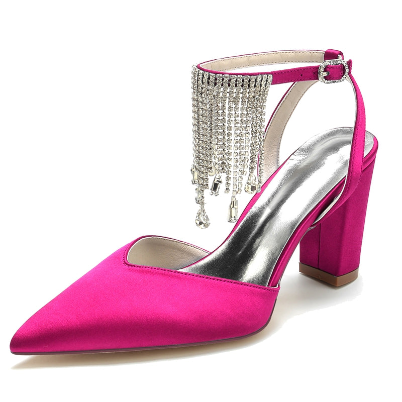 Women's Wedding Shoes Closed Toe Block Heel Buckle Bridal Shoes with Crystal & Tassels - 이미지 7