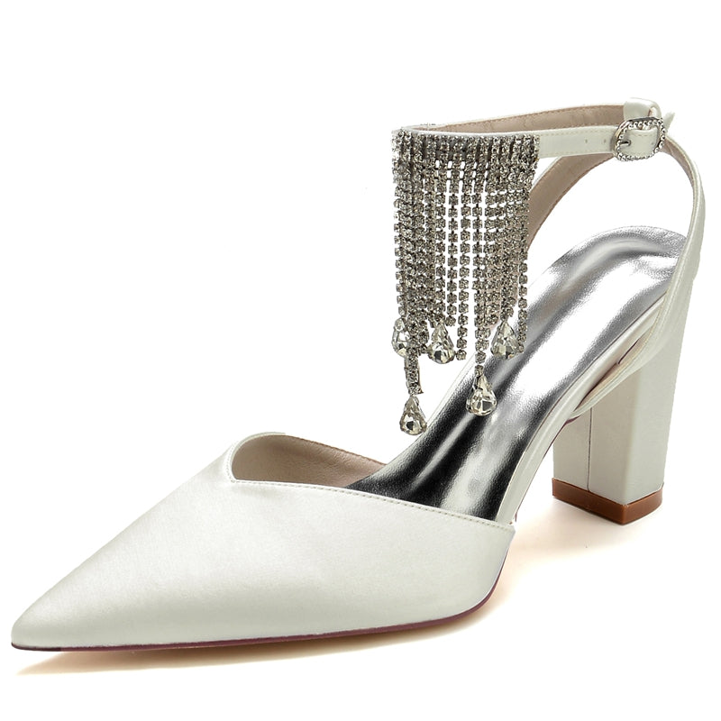 Women's Wedding Shoes Closed Toe Block Heel Buckle Bridal Shoes with Crystal & Tassels - 이미지 9