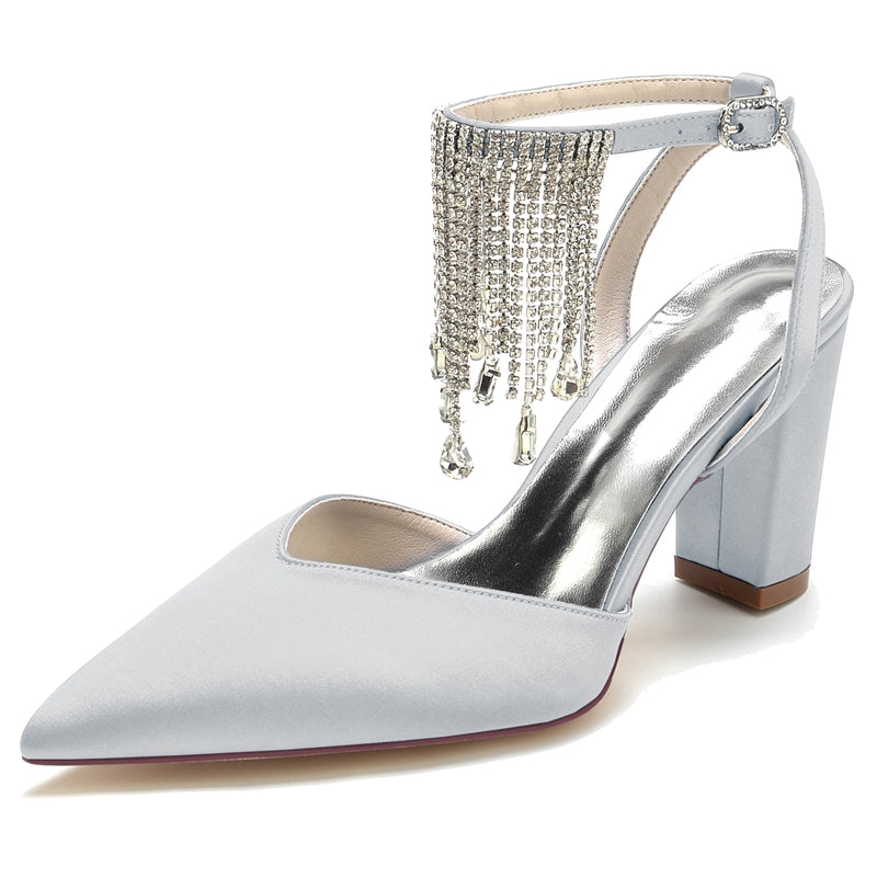 Women's Wedding Shoes Closed Toe Block Heel Buckle Bridal Shoes with Crystal & Tassels - 이미지 11