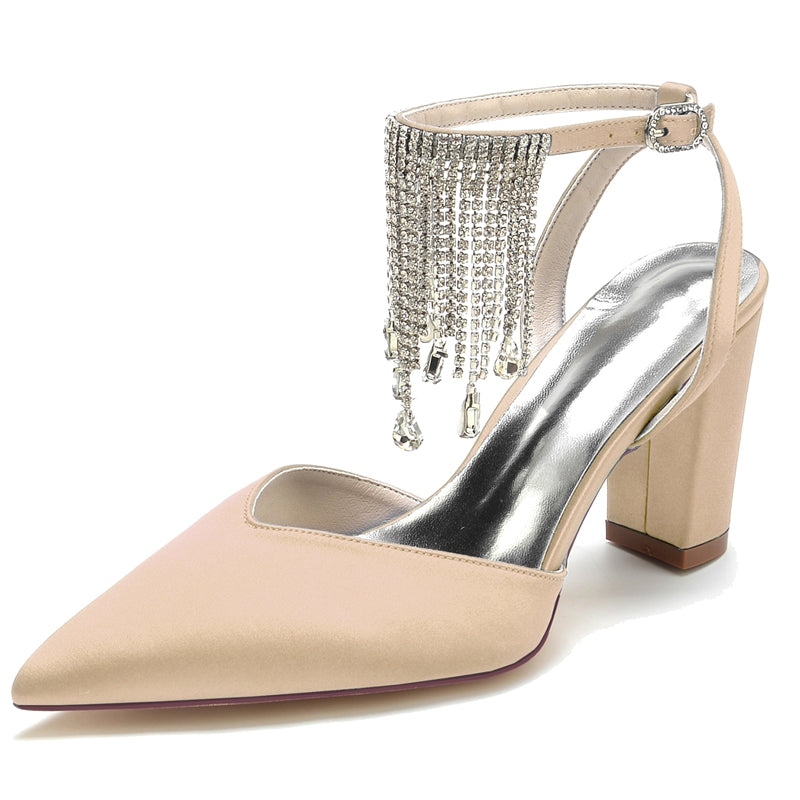 Women's Wedding Shoes Closed Toe Block Heel Buckle Bridal Shoes with Crystal & Tassels - 이미지 12