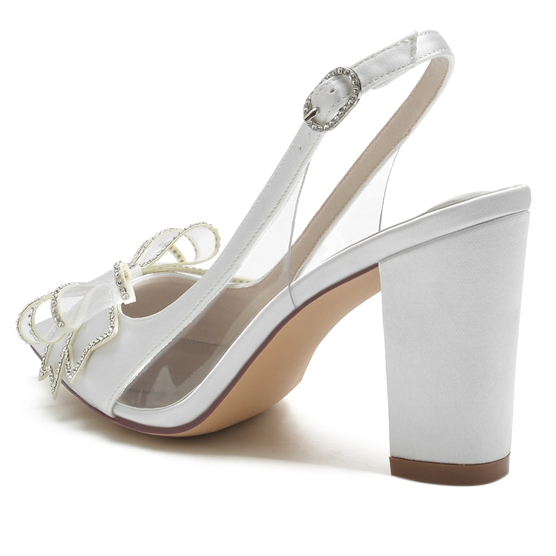 Women's Wedding Shoes Pointed Toe Chunky Heel Buckle Bridal Shoes with Bow & Opened Back - 이미지 3