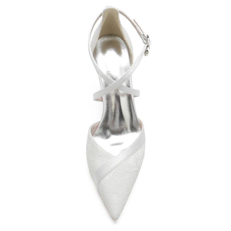 Women's Wedding Shoes White Pointed Toe Block Heel Crossed Straps Lace Buckle Bridal Shoes - 画像 (5)