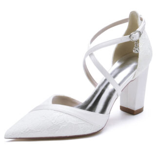 Women's Wedding Shoes White Pointed Toe Block Heel Crossed Straps Lace Buckle Bridal Shoes