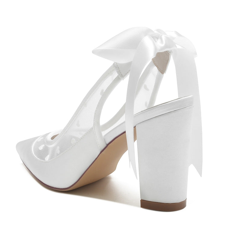 Women's Wedding Shoes Pointed Toe Block Heel Elegant Bridal Shoes with Printed Heart & Bow - 이미지 4