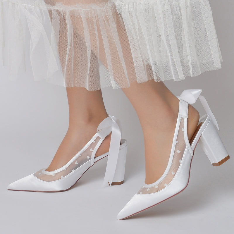Women's Wedding Shoes Pointed Toe Block Heel Elegant Bridal Shoes with Printed Heart & Bow - 이미지 5