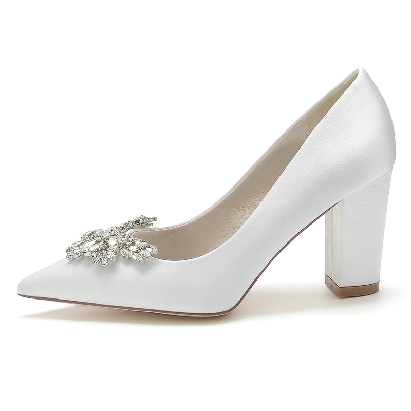 Women's Wedding Shoes Pointed Toe Chunky Heel Elegant Bridal Shoes with Rhinestone - Image 3