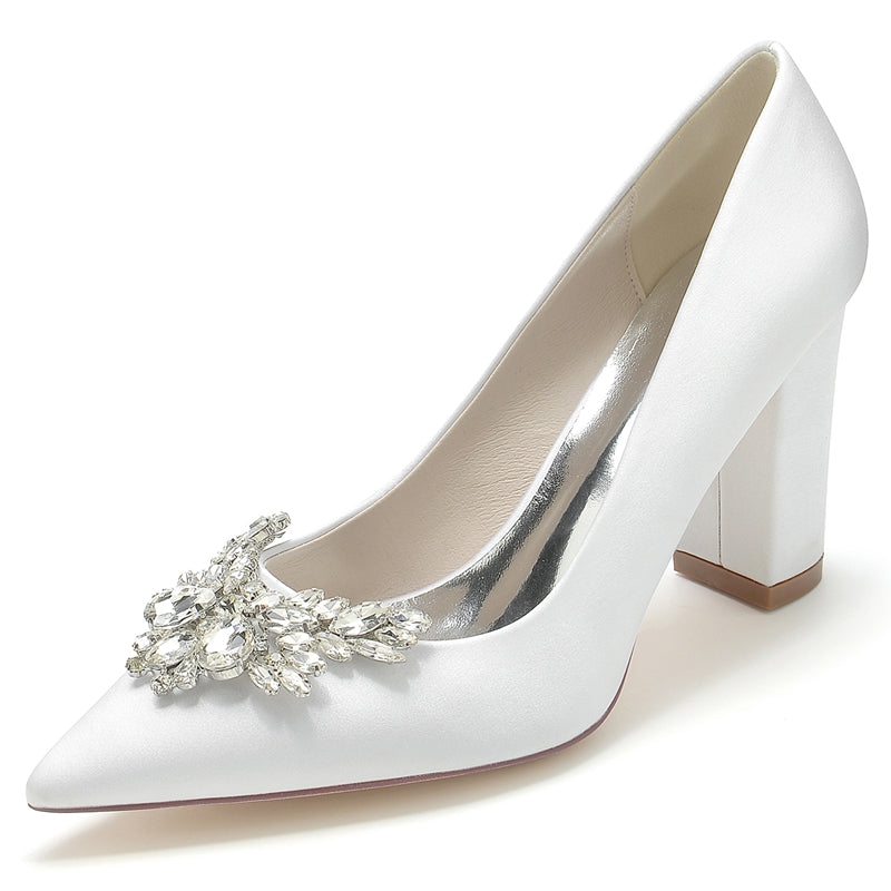Women's Wedding Shoes Pointed Toe Chunky Heel Elegant Bridal Shoes with Rhinestone - Image 2