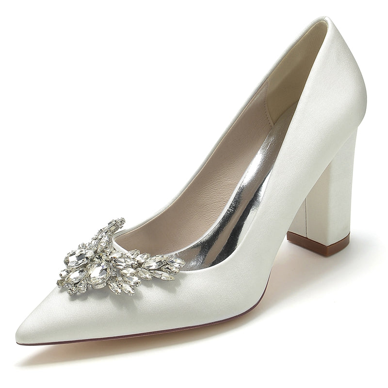 Women's Wedding Shoes Pointed Toe Chunky Heel Elegant Bridal Shoes with Rhinestone - Image 9