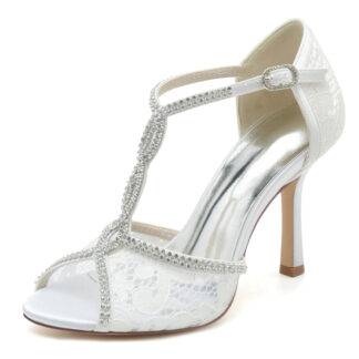 Women's Wedding Shoes Peep Toe High Heel Lace Crystal Straps Luxurious Buckle Bridal Shoes