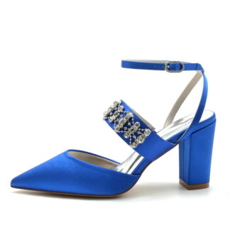 Women's Wedding Shoes Pointed Toe Block Heel Luxury Buckle Bridal Shoes with Rhinestone Chain