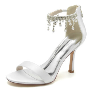 Women's Wedding Shoes White Peep Toe High Heel Buckle Bridal Shoes with Pearl Tassel