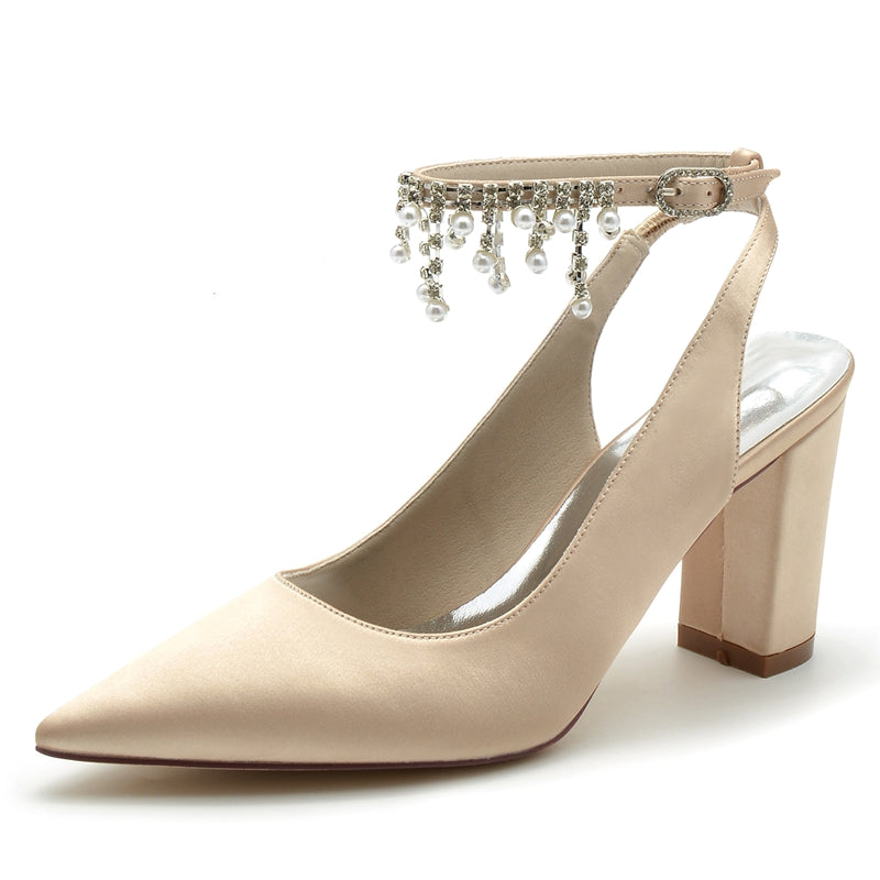 Women's Wedding Shoes Pointed Toe Chunky Heel Chic Buckle Bridal Shoes with Pearl Tassel - Image 2