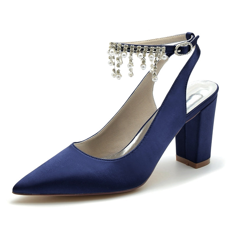 Women's Wedding Shoes Pointed Toe Chunky Heel Chic Buckle Bridal Shoes with Pearl Tassel - Image 7