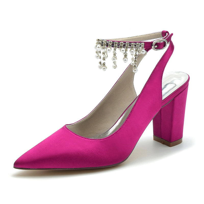 Women's Wedding Shoes Pointed Toe Chunky Heel Chic Buckle Bridal Shoes with Pearl Tassel - Image 8
