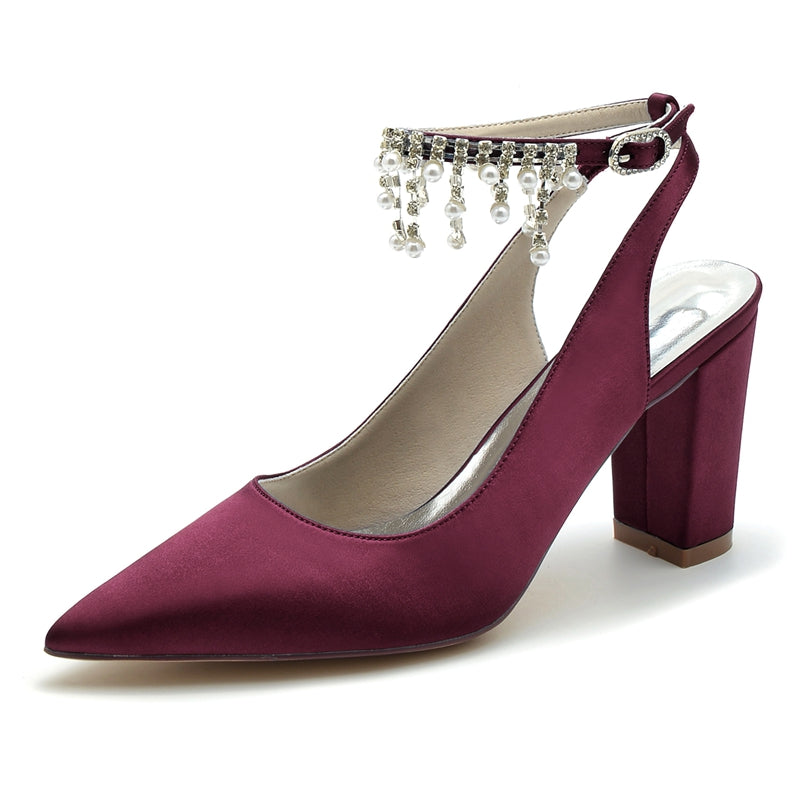 Women's Wedding Shoes Pointed Toe Chunky Heel Chic Buckle Bridal Shoes with Pearl Tassel - Image 11