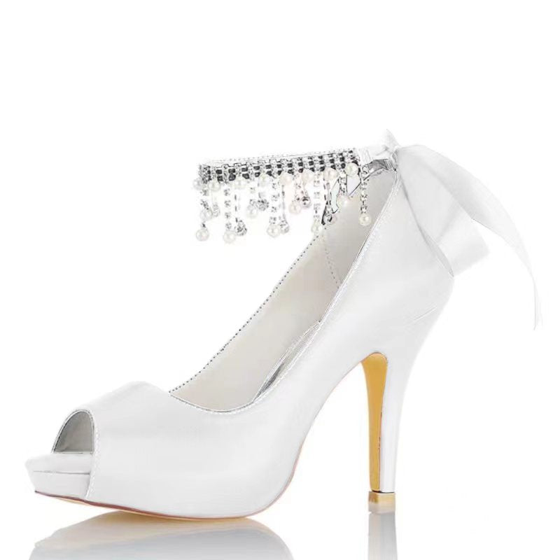 Women's Wedding Shoes Thick Sole Peep Toe Buckle Bridal Shoes with Pearl Tassel & Bow - Image 9