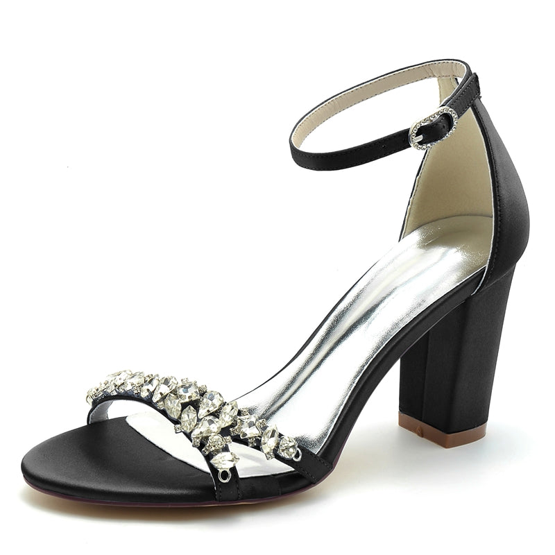 Women's Wedding Shoes Opened Toe Block Heel Rhinestone Strap Buckle Bridal Shoes - 이미지 12